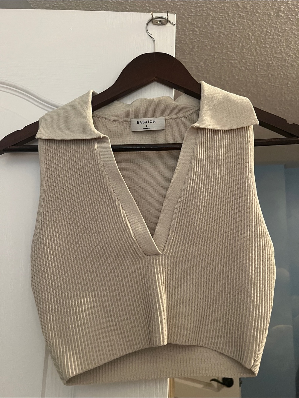 Babaton Beige Ribbed Sleeveless Polo Camisole